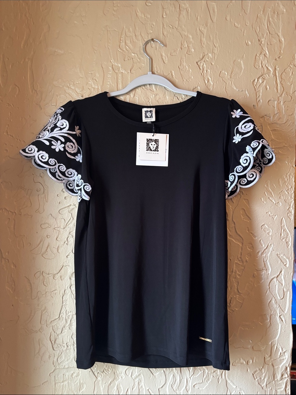 Anne Klein Black Short Sleeve Top with White Embroidered Flutter Sleeves